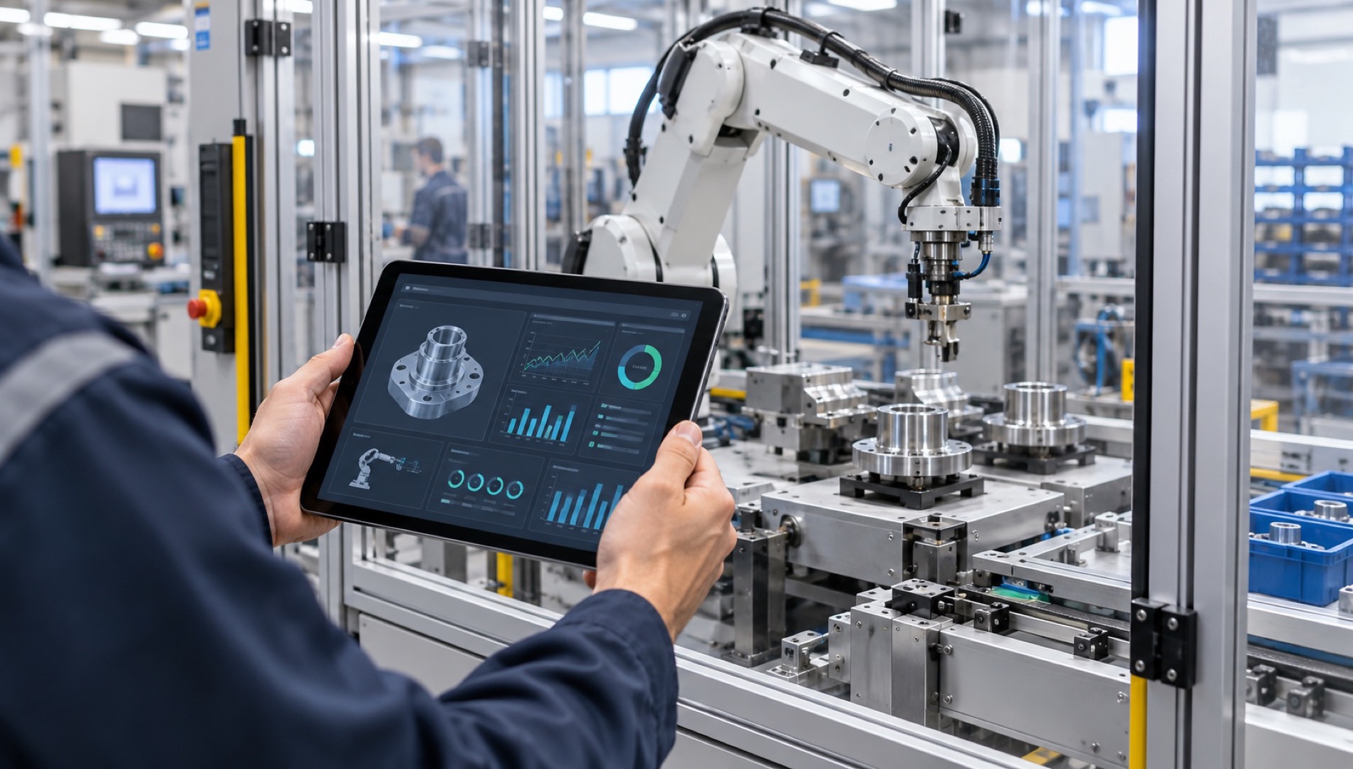 Illustrazione dello Smart Manufacturing: un tecnico controlla una cella robotizzata tramite tablet
